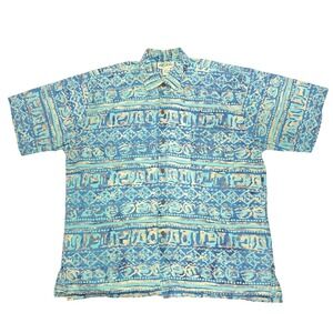 Vintage Hilo Hattie Hawaiian Shirt Batik Print Green Blue XL EUC